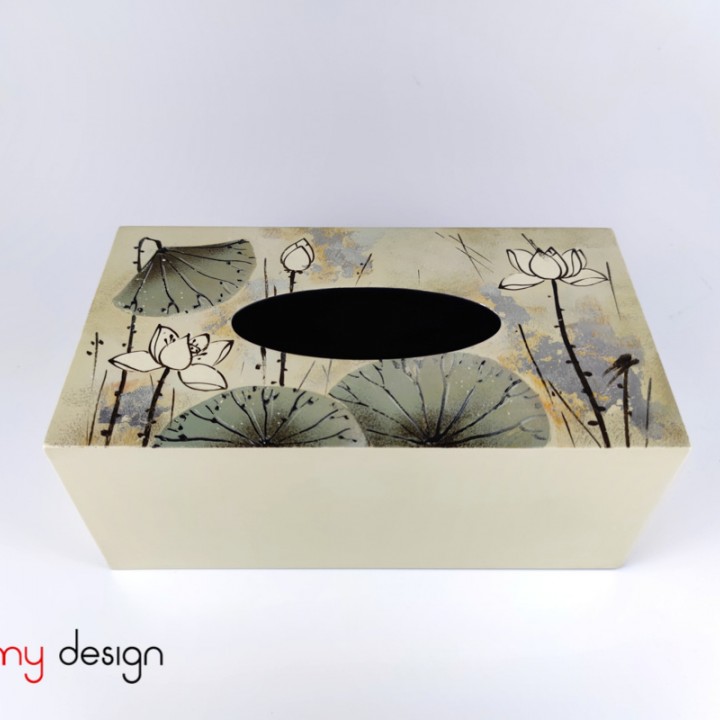 Cream tissue box hand-painted with lotus pond 12*25cm